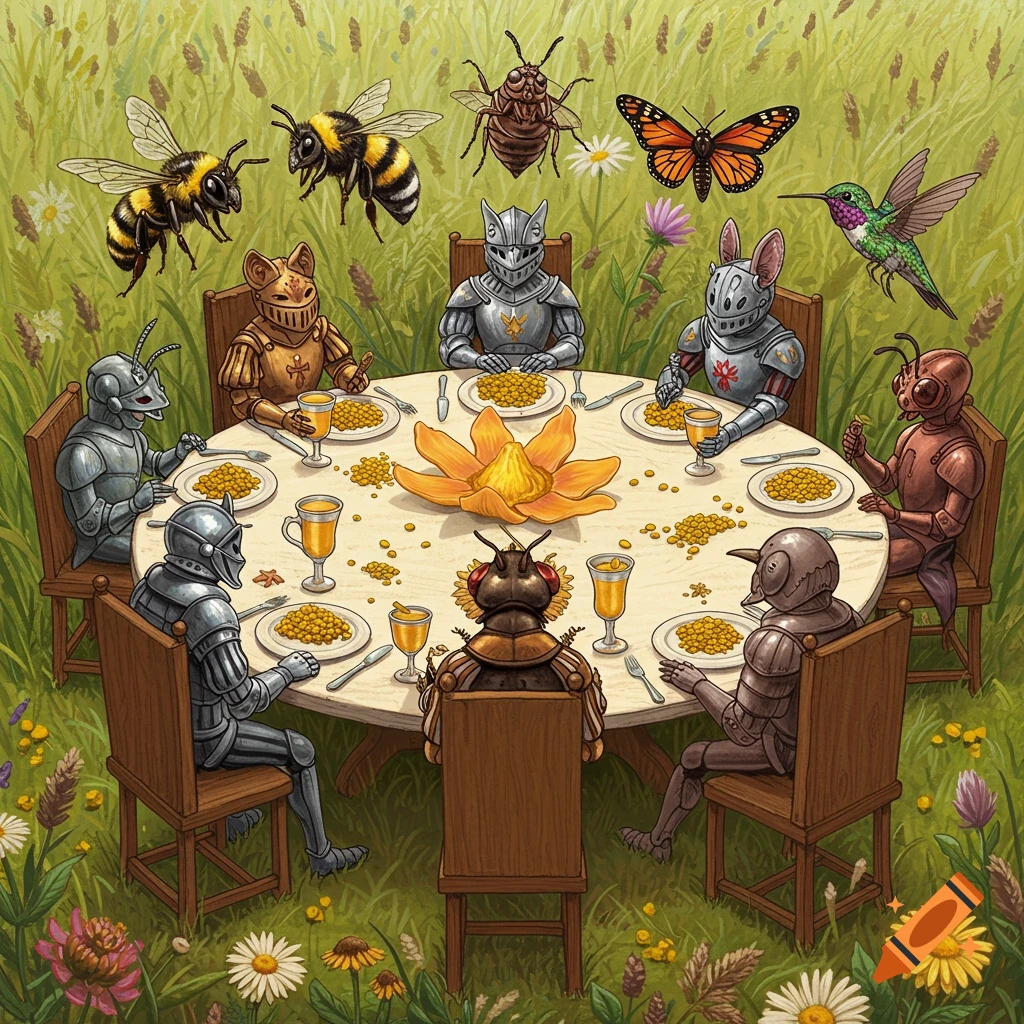 Armored insects dining at a round table in a field.