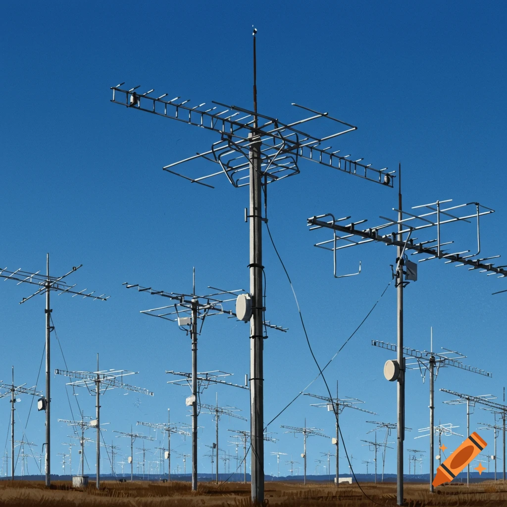 Numerous tall metallic TV antennas in a field under a clear blue sky.