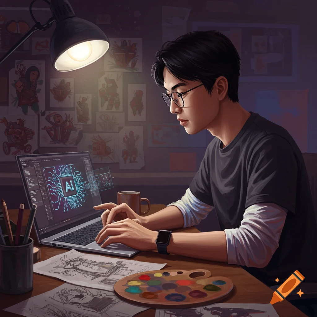 An artist working on a laptop with an AI interface showing, surrounded by sketches.