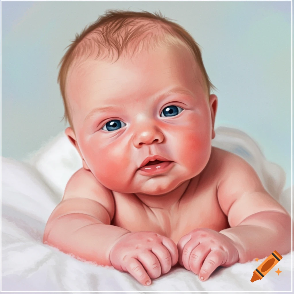 A baby with rosy cheeks and blue eyes lying on a white blanket.