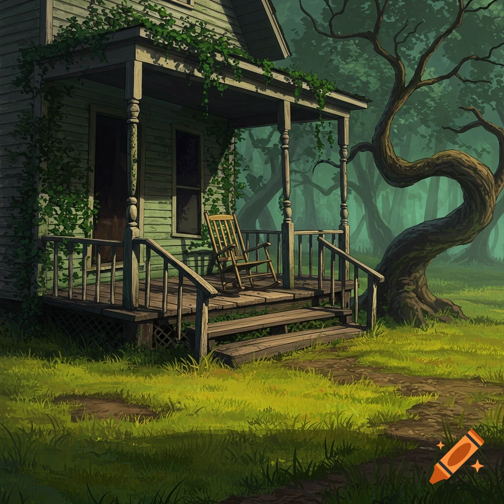 A haunted house porch with a rocking chair and twisted tree.