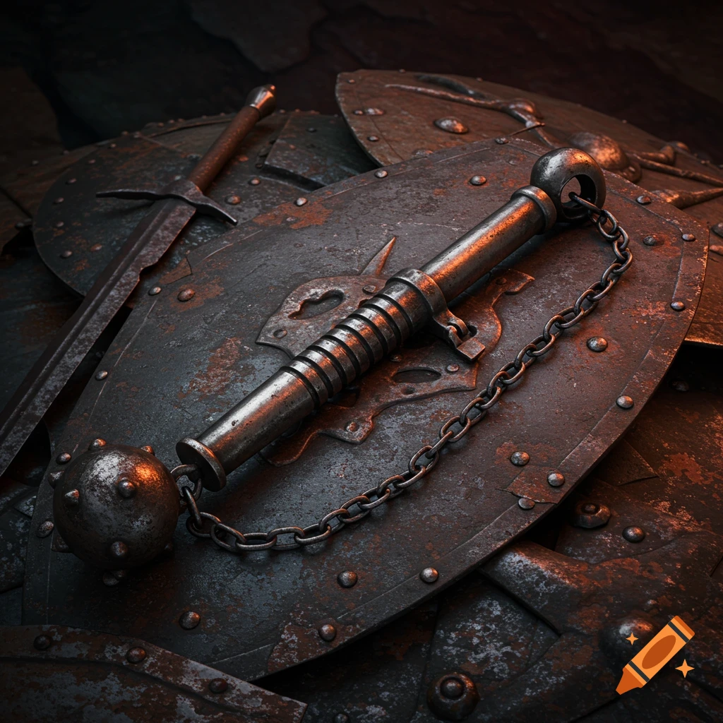 A rusted medieval flail, sword, and shields in a dark fantasy style.