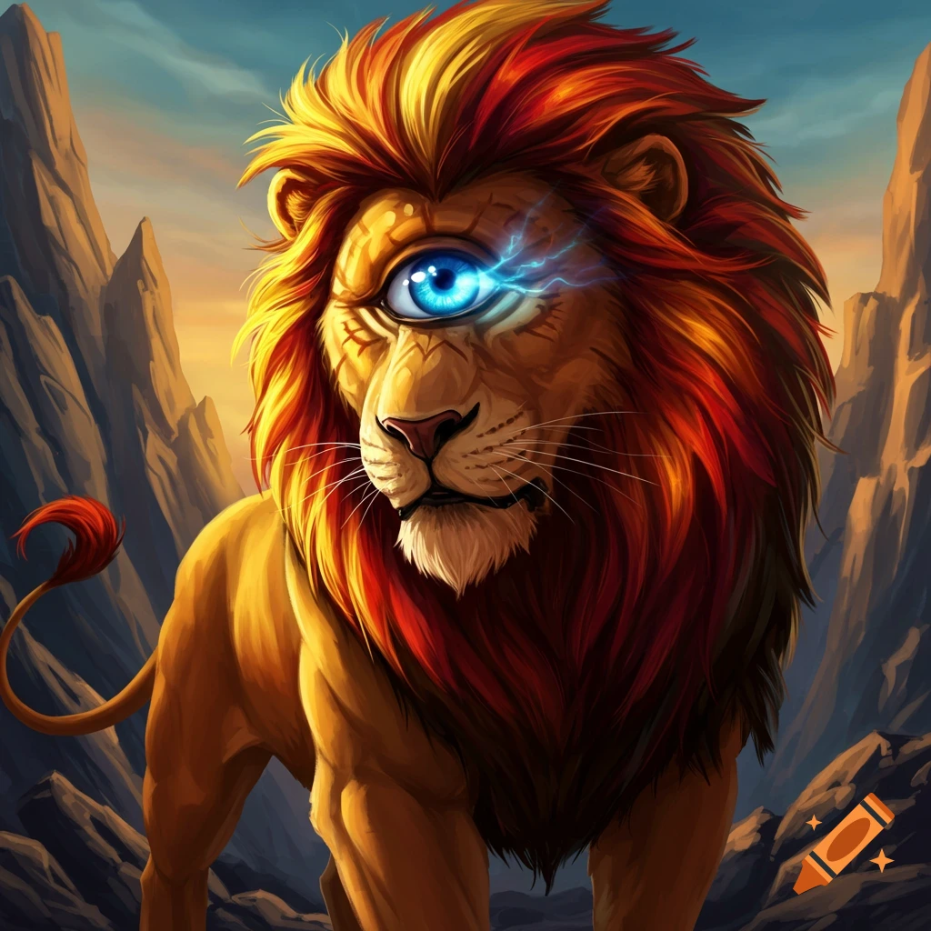 A cyclops lion in a rocky landscape at sunset.