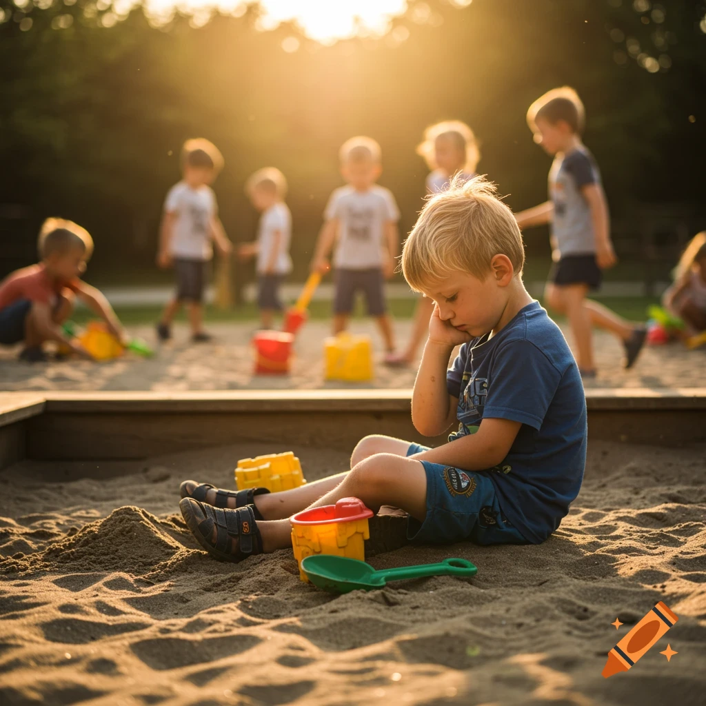 A sad boy sits alone in a sunny sandbox as other children play in the background.