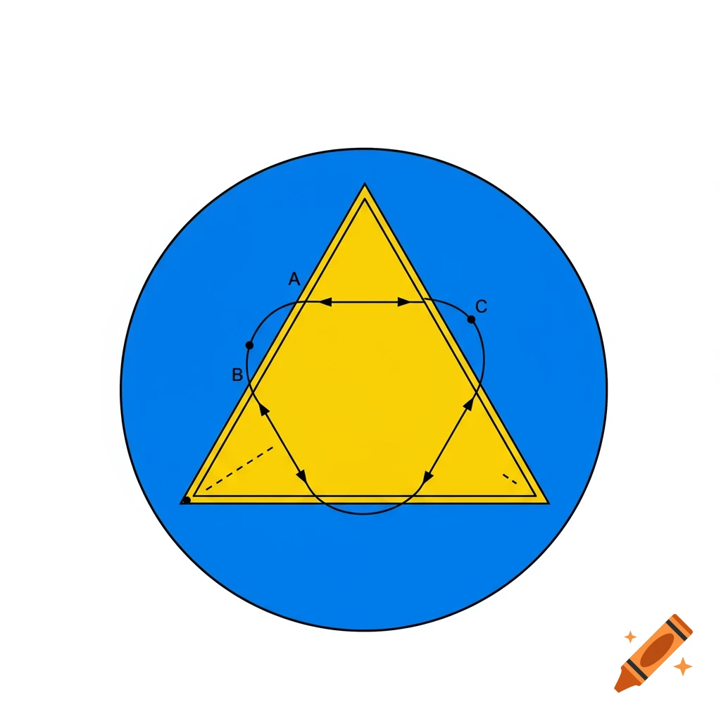 A yellow equilateral triangle inside a blue circle with labeled points and arrows.