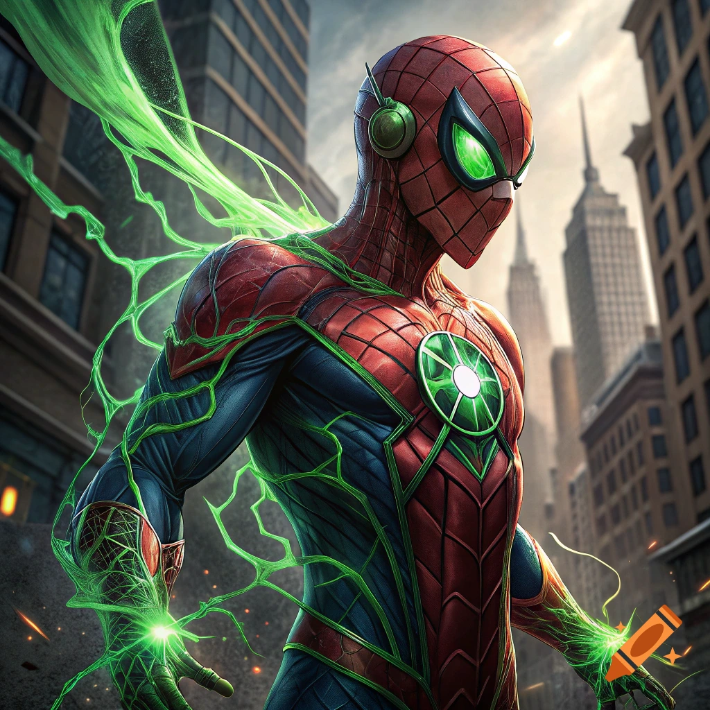 Muscular superhero in red, blue, and green suit with green energy in a city street
