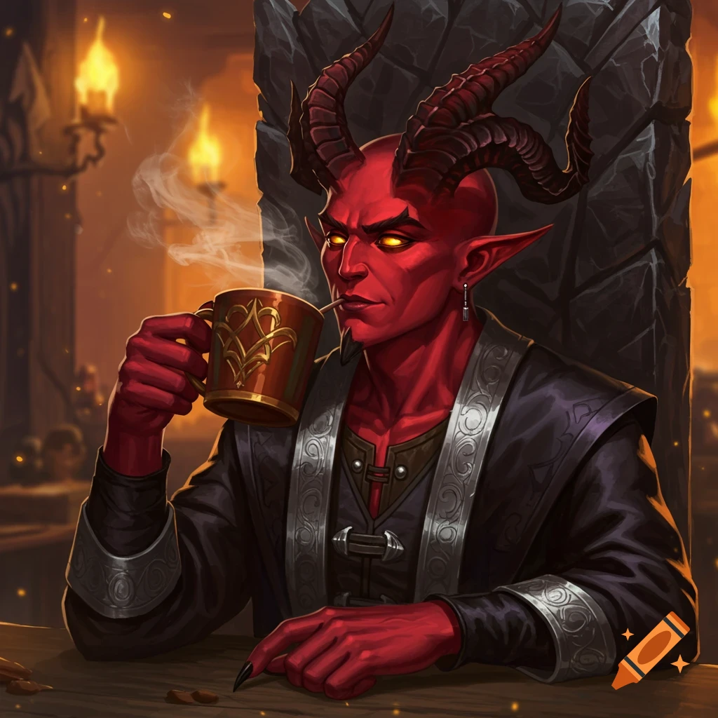 A red-skinned demon with horns is drinking from a mug in a tavern.