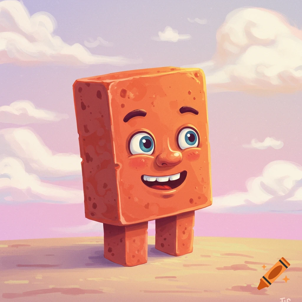 Cartoon orange brick character with a face and legs standing outside under a cloudy sky.