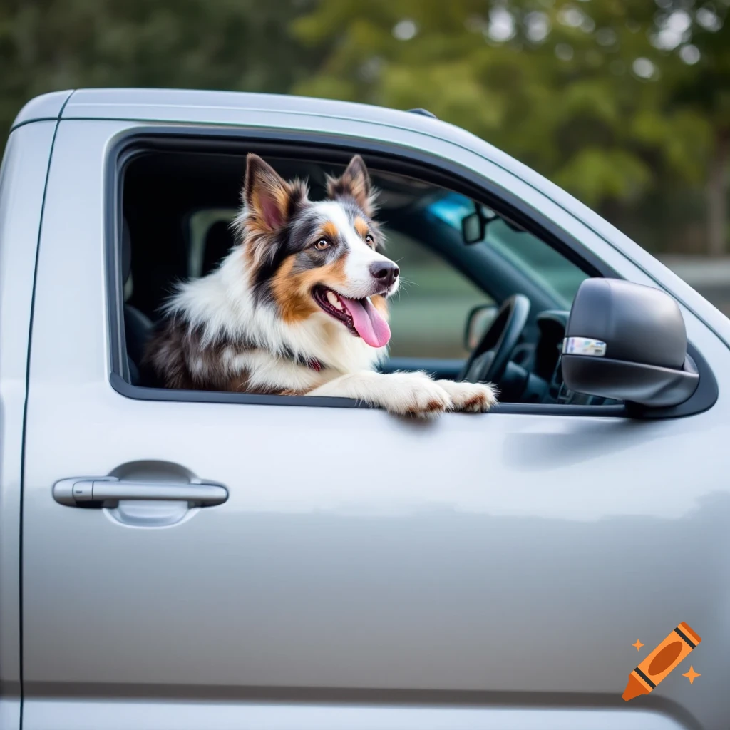 A happy Border Collie leans out the window of a silver pickup truck.