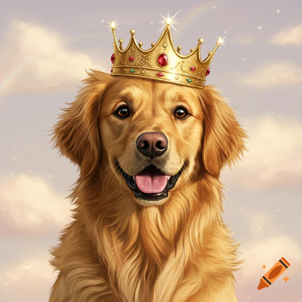 A golden retriever wearing a gold crown in a cloudy sky