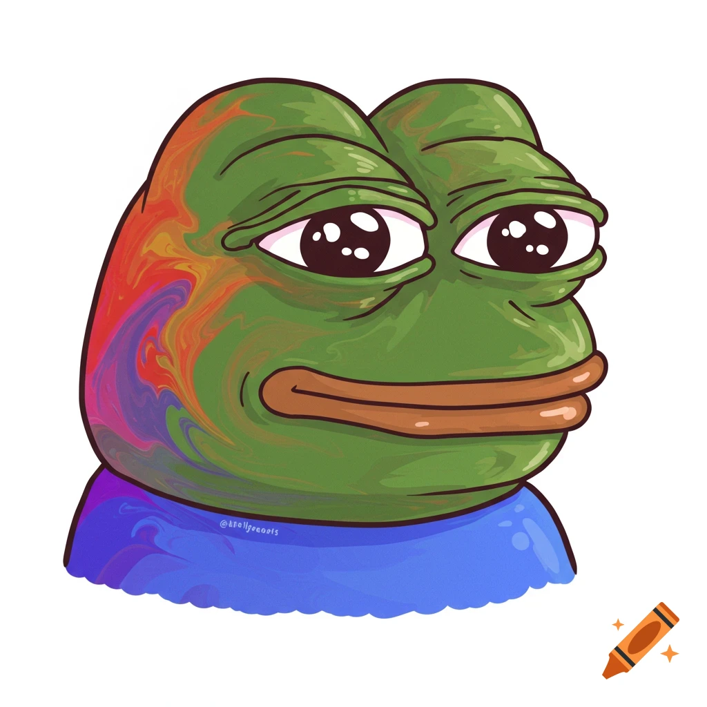 Illustration of Pepe the Frog with swirling abstract colors on one side of its head.