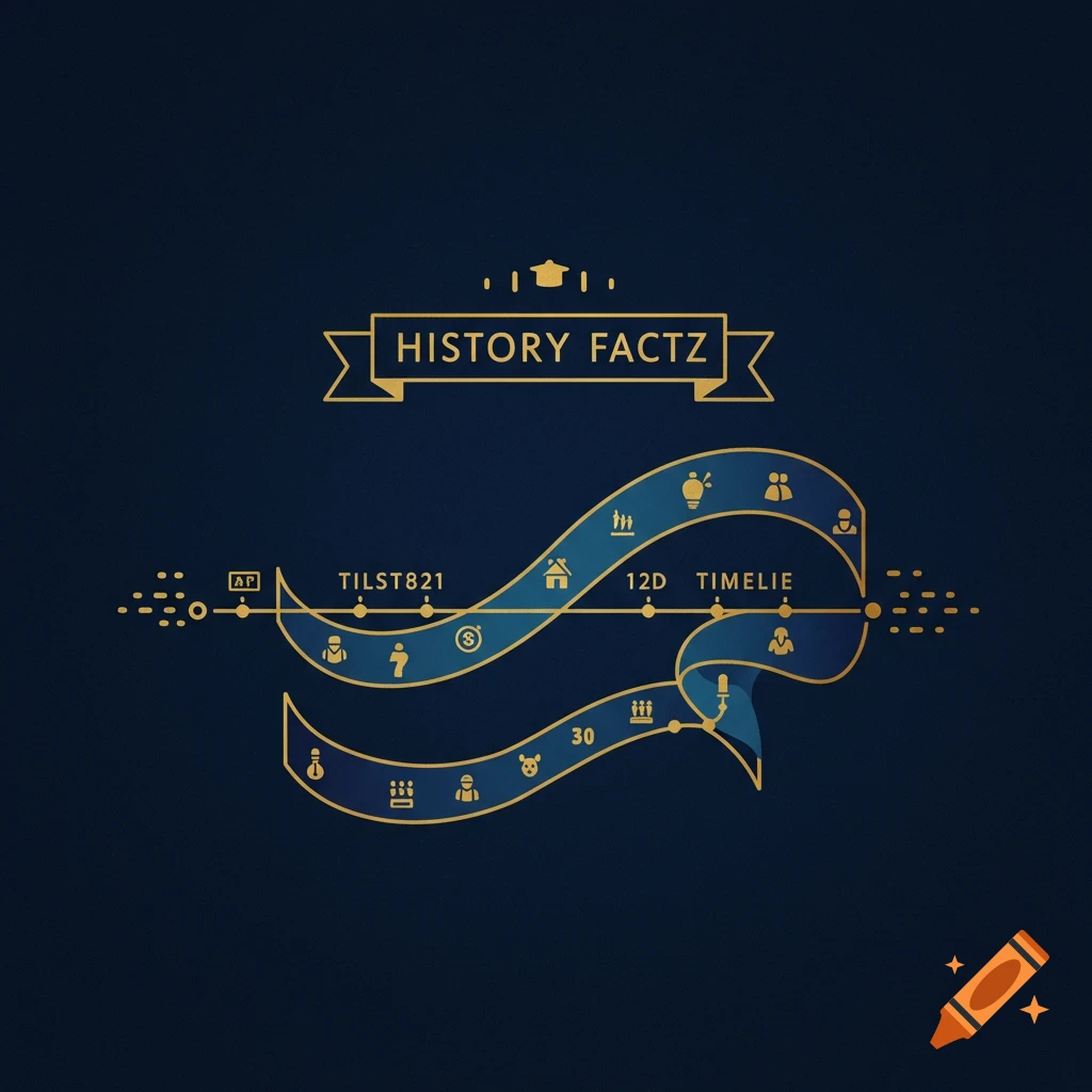 A gold banner reading 'HISTORY FACTZ' above a gold and blue graphic timeline with icons on a dark blue background.