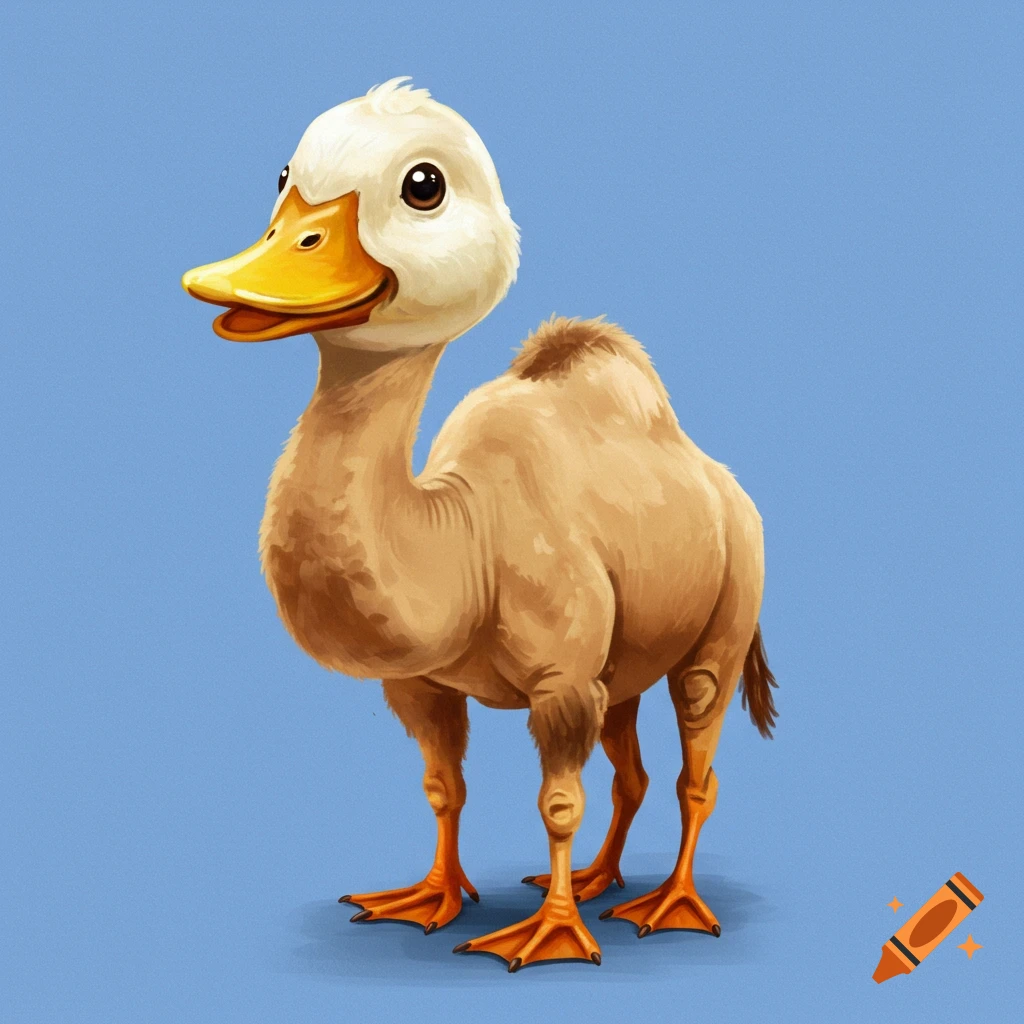 Duck head and neck on a camel body with duck feet, standing against a blue background.