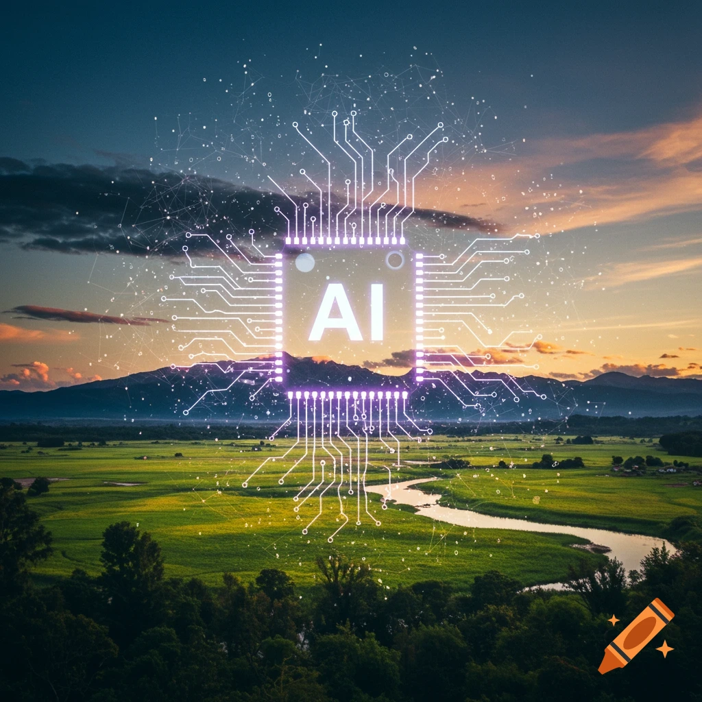 A glowing circuit board with 'AI' overlayed on a landscape with mountains and a river at sunset.