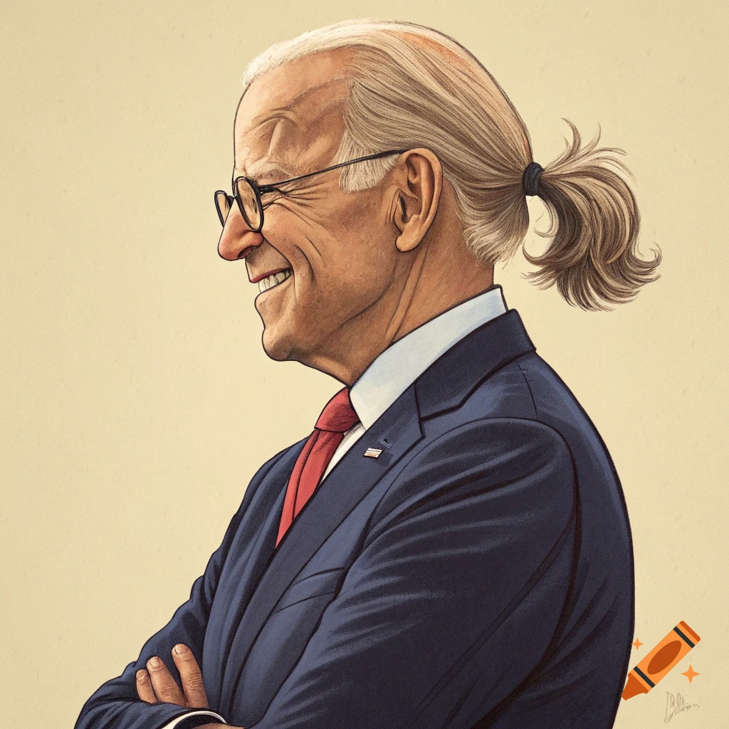 Stylized portrait of Joe Biden with a ponytail, looking left and smiling.