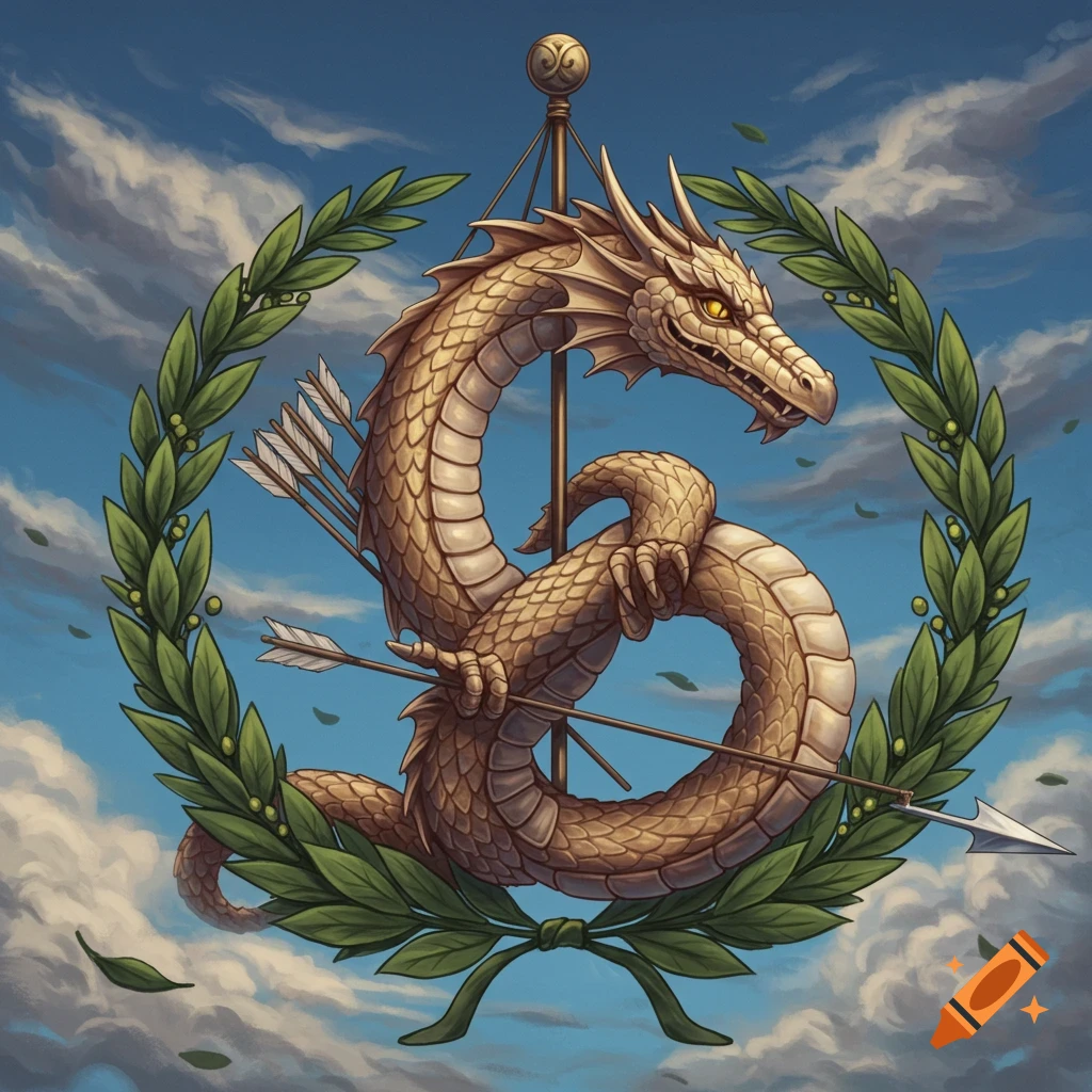 A golden dragon wrapped around a pole with arrows and a laurel wreath against a cloudy sky.