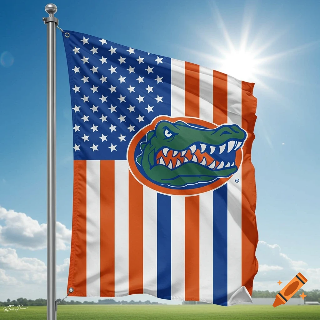 American flag with a Florida Gators logo flying under a sunny sky