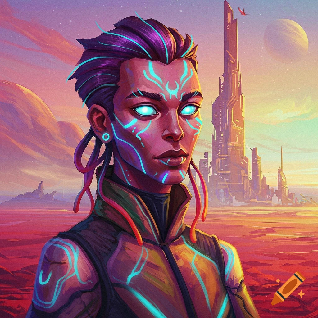 A person with glowing markings is in a vibrant sci-fi landscape with a city.