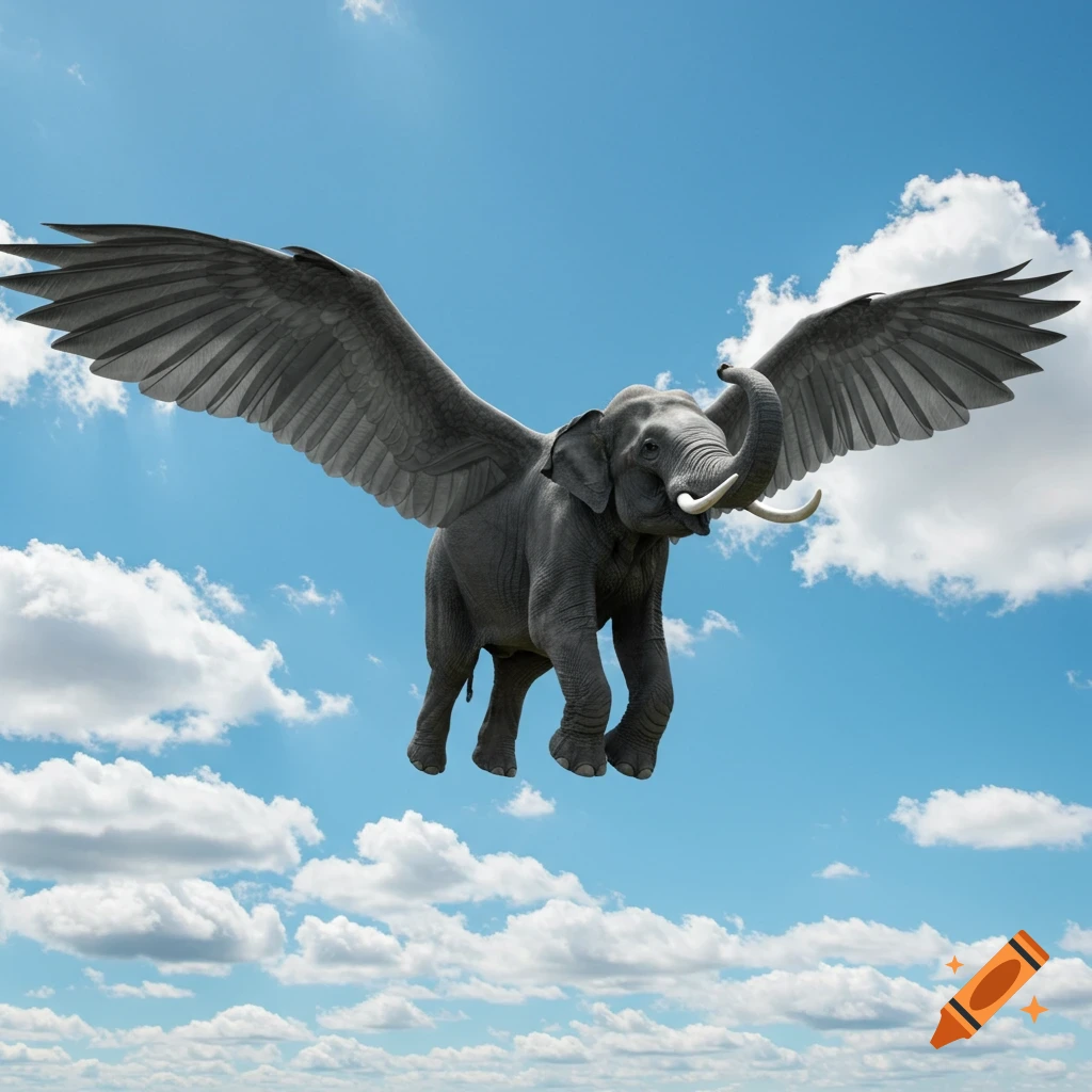A large elephant with wings flies through a blue sky with clouds.