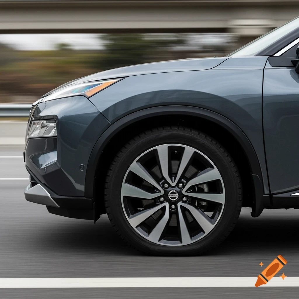 Close-up of the front wheel of a grey car driving on a highway