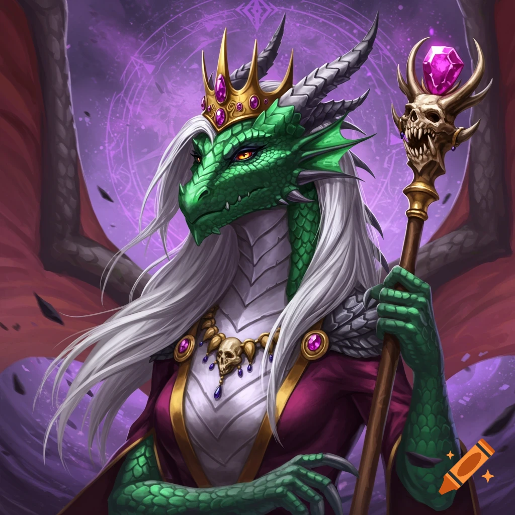A portrait of a green dragon queen wearing a crown and holding a staff.