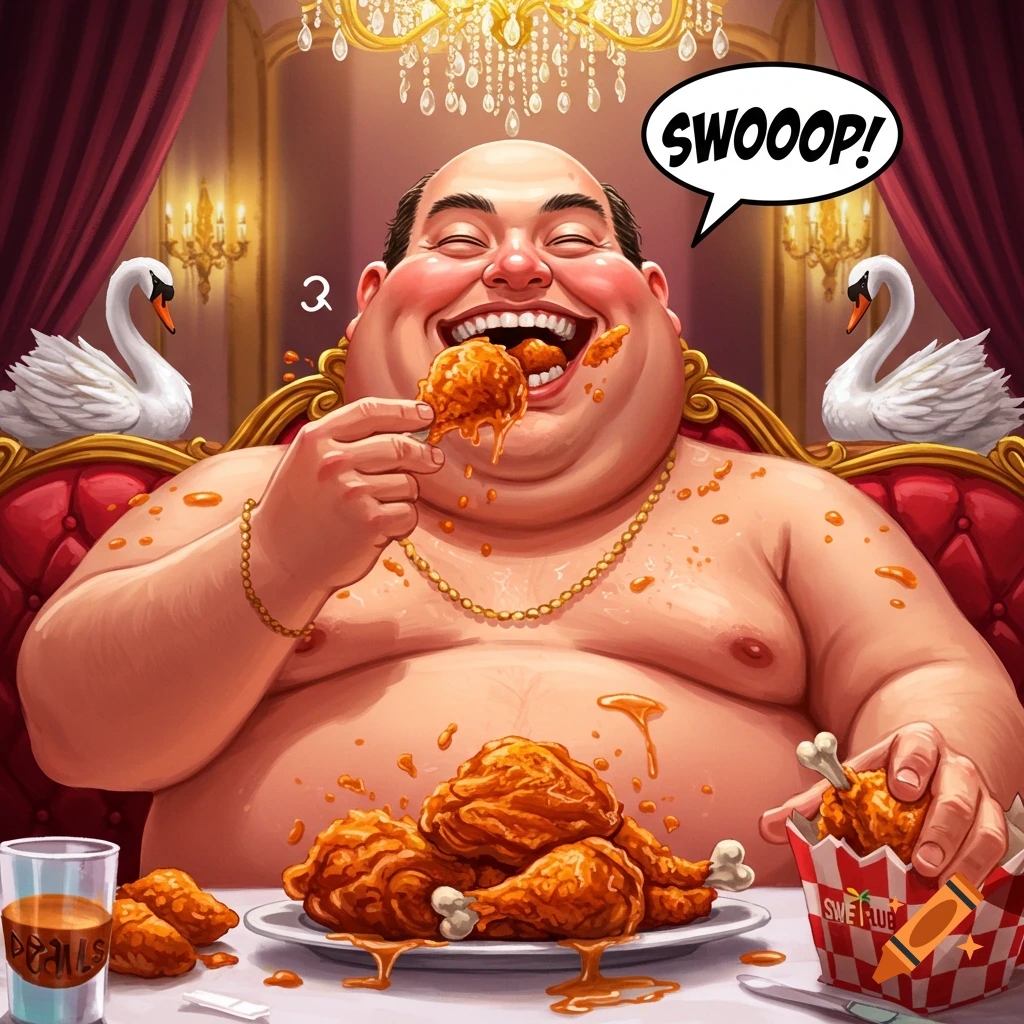 A fat bald man happily eating fried chicken in a fancy room with swans, a speech bubble says "SWOOOOP!".