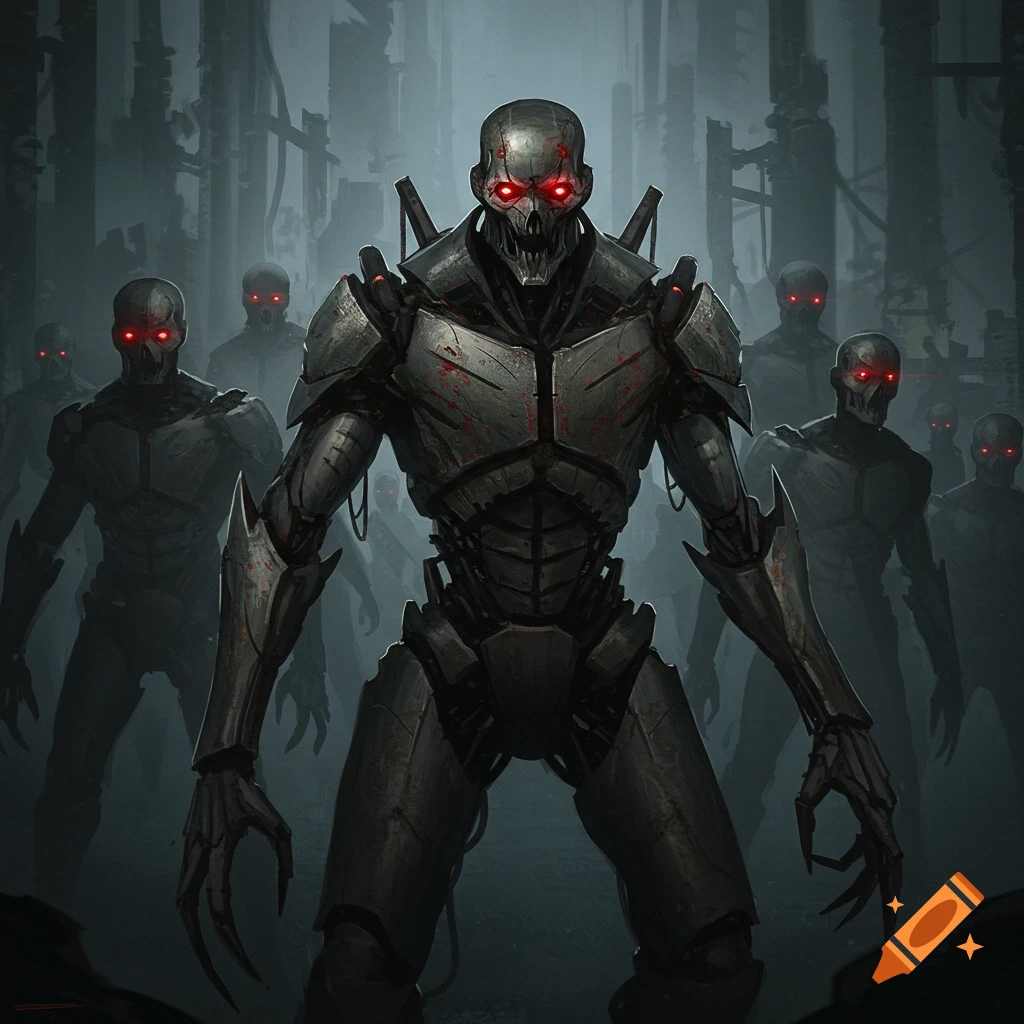 A dark image of several scary, armored robots with glowing red eyes standing in a ruined city.