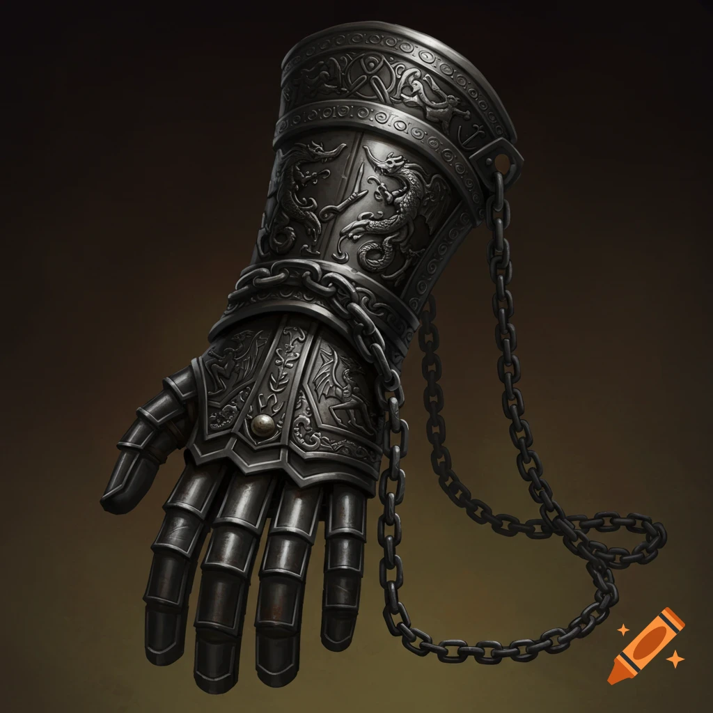 A dark metal fantasy gauntlet with intricate carvings and chains.