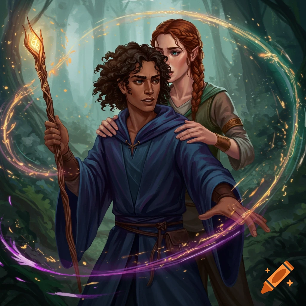 Image of two magic users casting a spell in a forest.