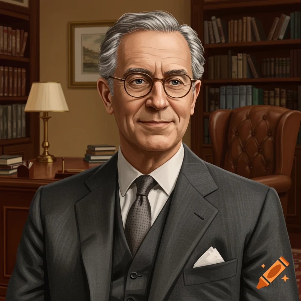 Portrait of an older man in a suit and glasses in an office