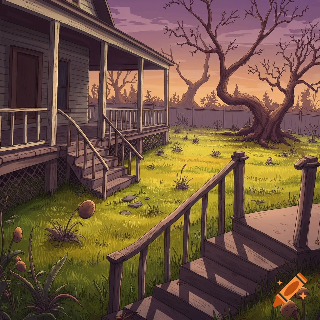 A twisted porch and overgrown backyard with odd plants and trees.