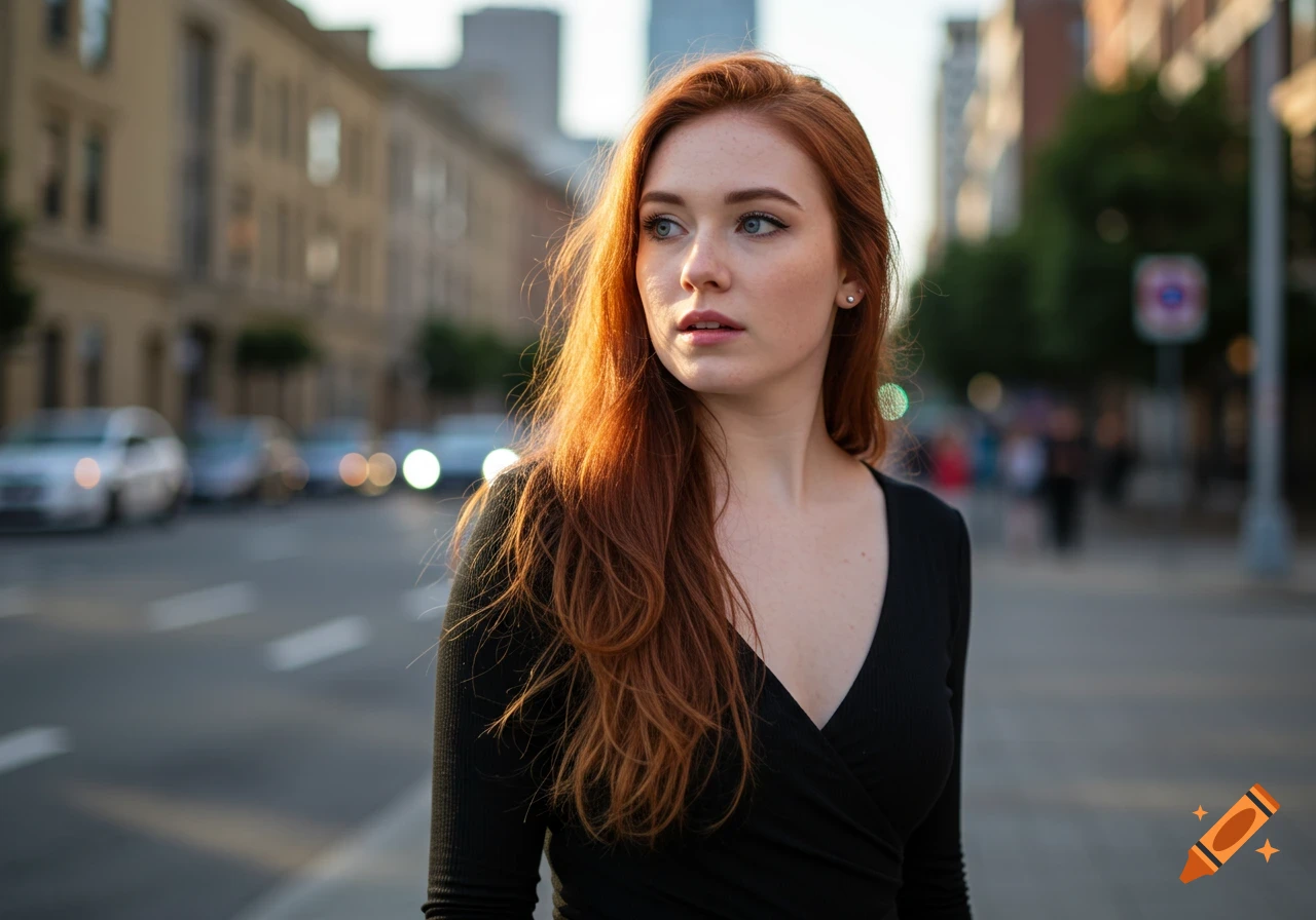 Photorealistic portrait of a woman with red hair on a city street.