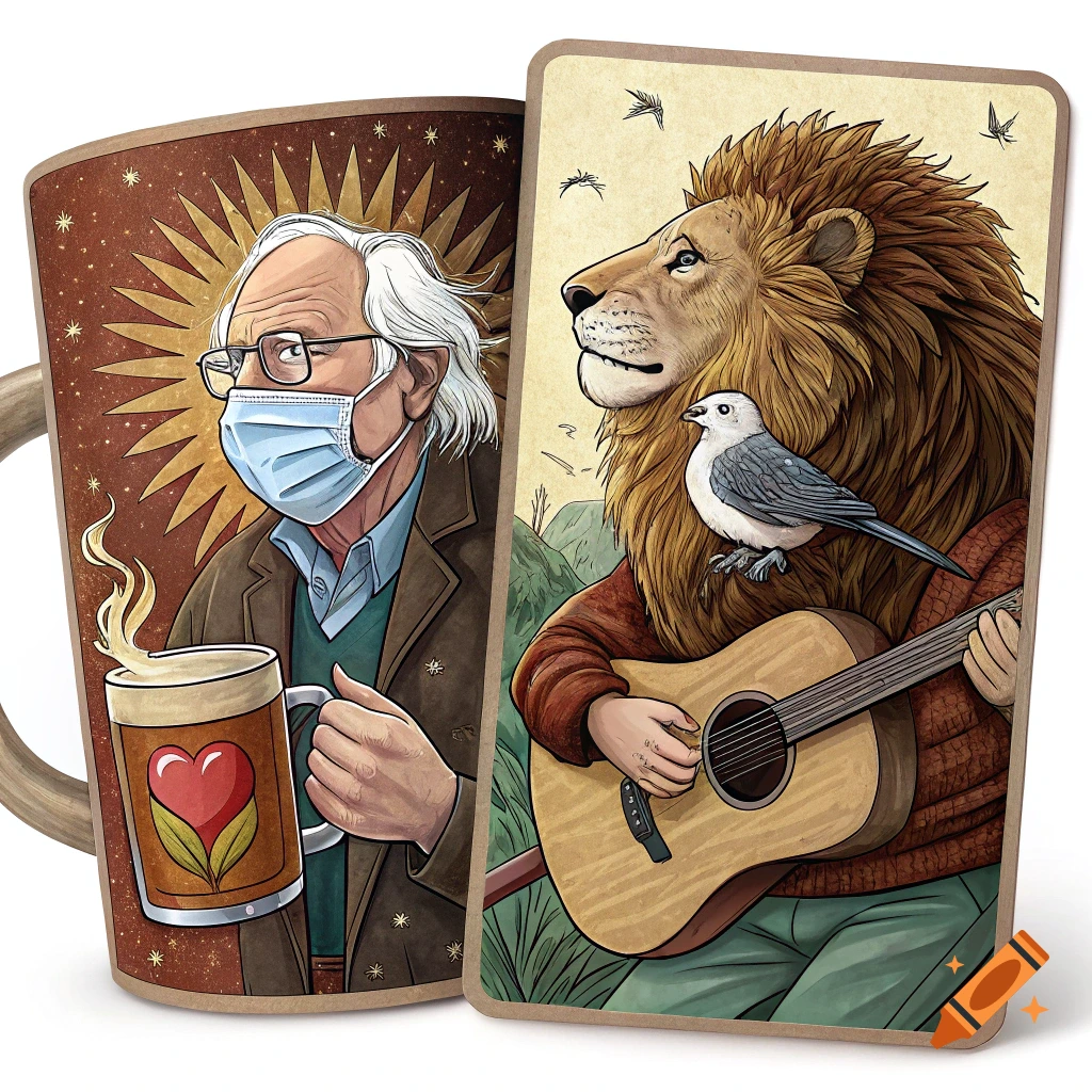 Illustration of Bernie Sanders wearing a mask on a mug next to an illustration of a lion playing guitar with a bird on its shoulder.