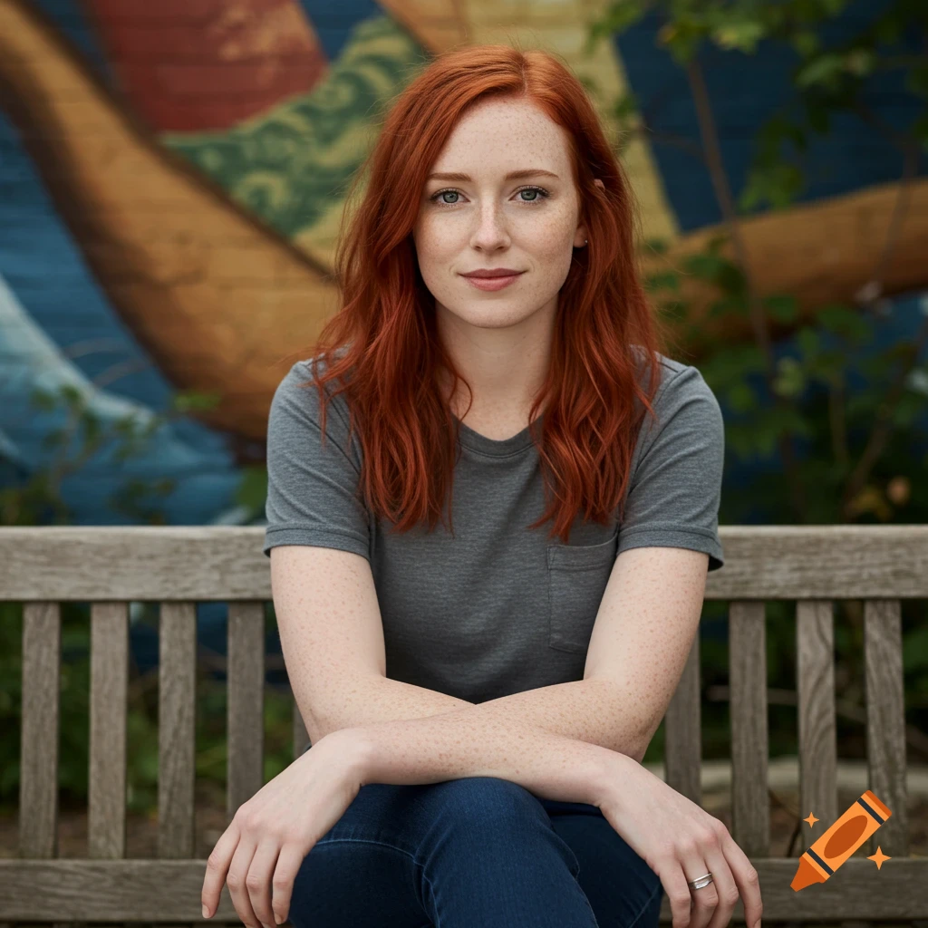 A woman with red hair sits on a park bench in front of a colorful mural, looking at the camera.
