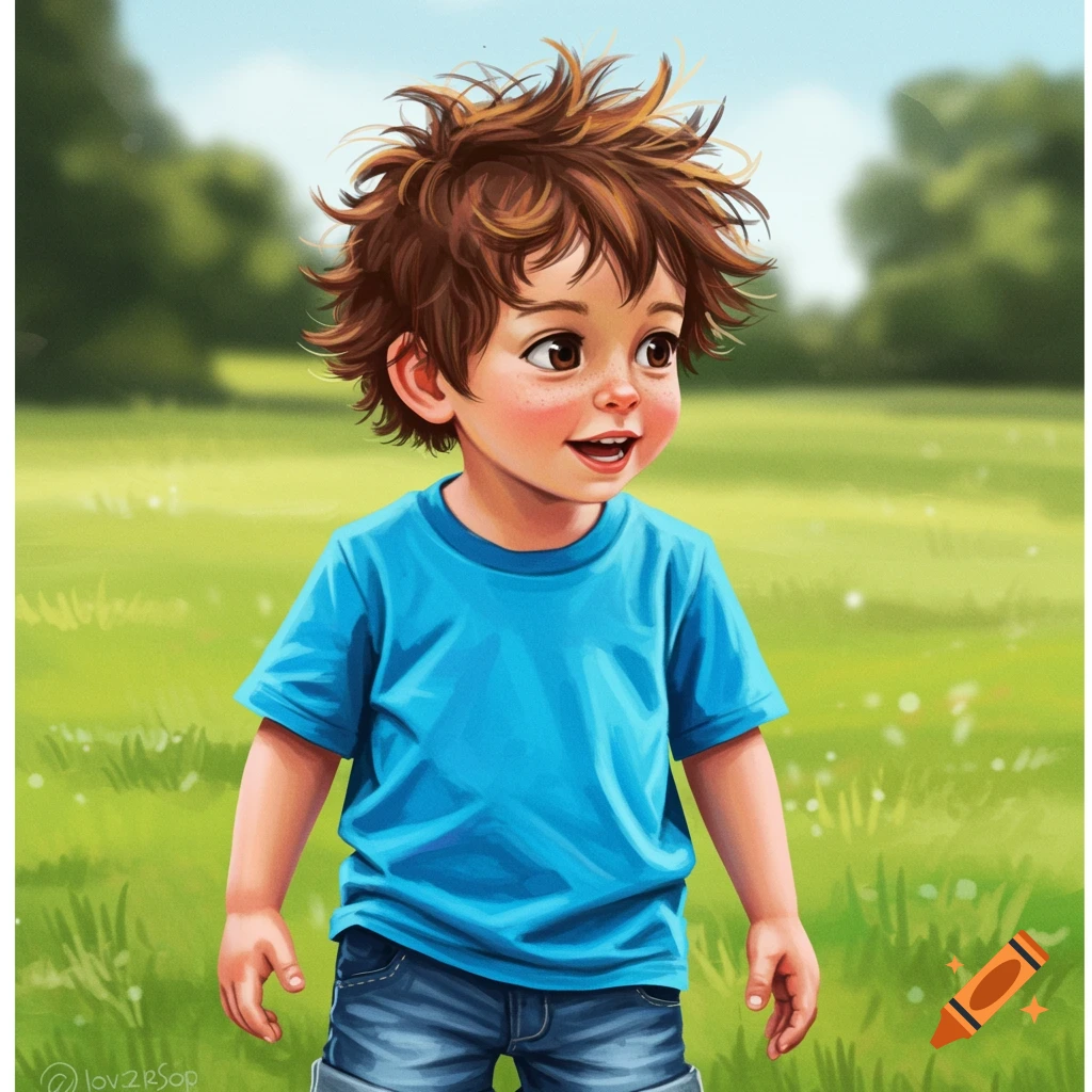 A happy young boy with messy brown hair, wearing a blue shirt and denim shorts, standing in a grassy field.