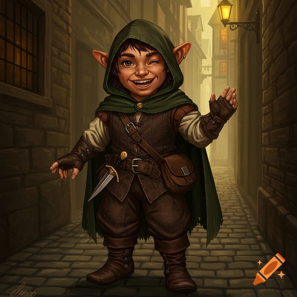 A halfling thief winking in a narrow alley.