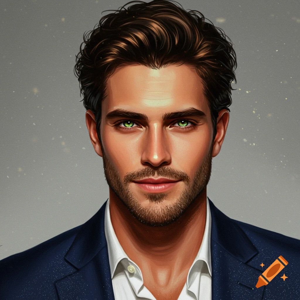 Portrait of a handsome man with green eyes and beard wearing a dark suit.