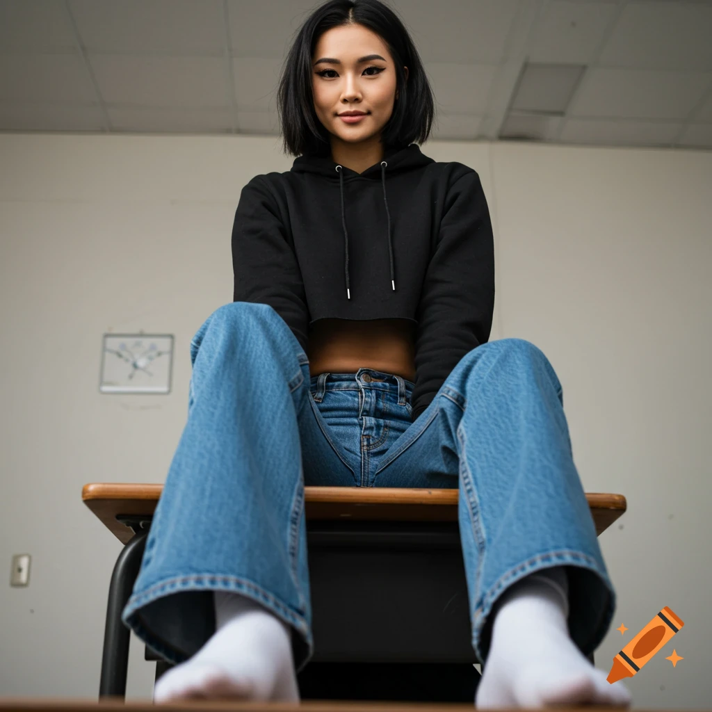 A young woman sits on a desk in a classroom wearing a black cropped hoodie and flared jeans.