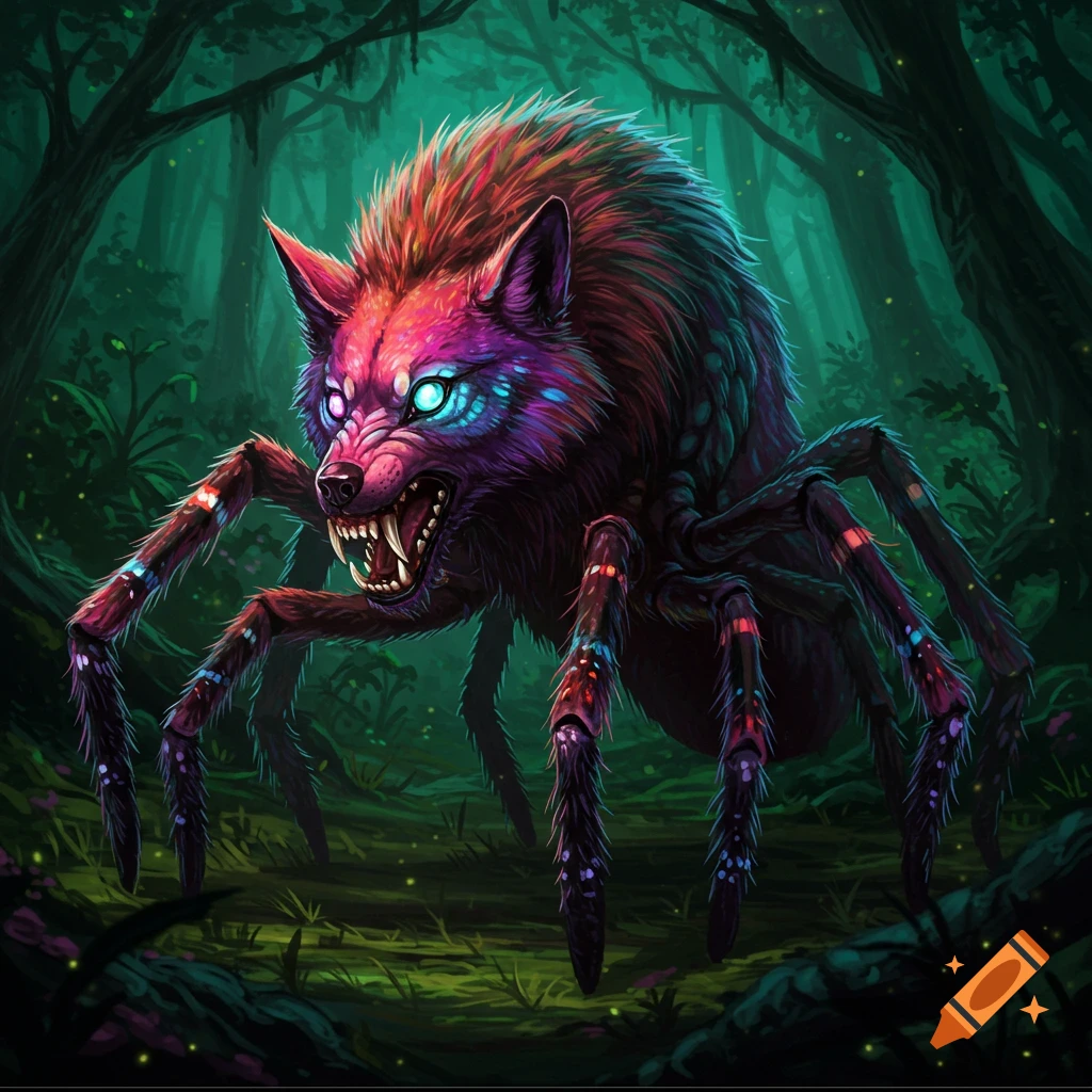 A brightly colored fantasy creature with wolf head and spider body in a dark forest.