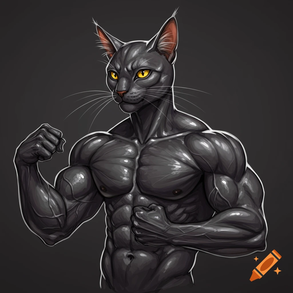 A muscular black anthropomorphic cat flexing.