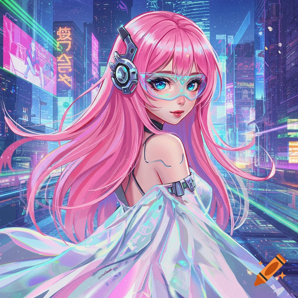An anime girl with pink hair and goggles stands in a cyberpunk city.