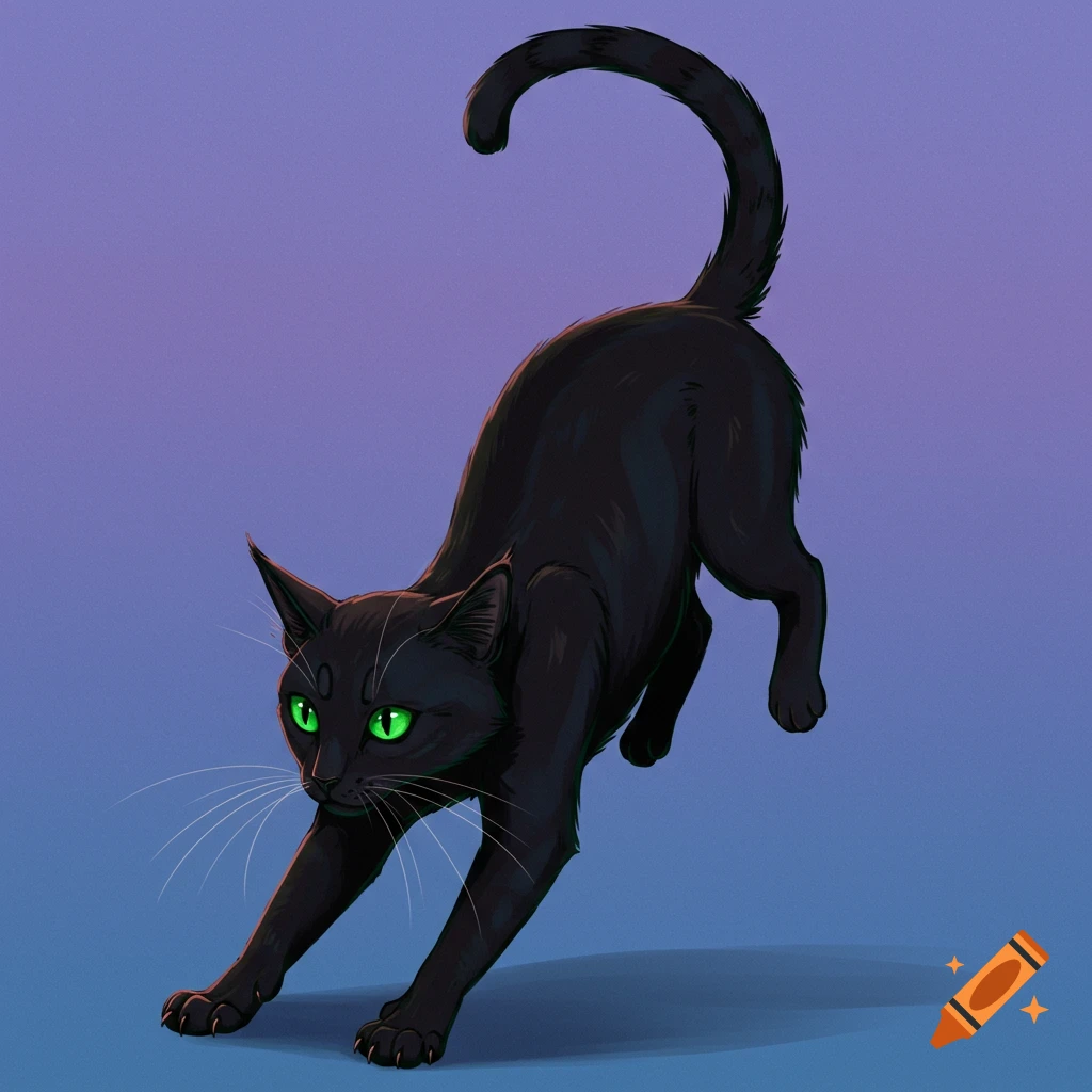 A black cat with green eyes stretching against a gradient background in a digital art style.