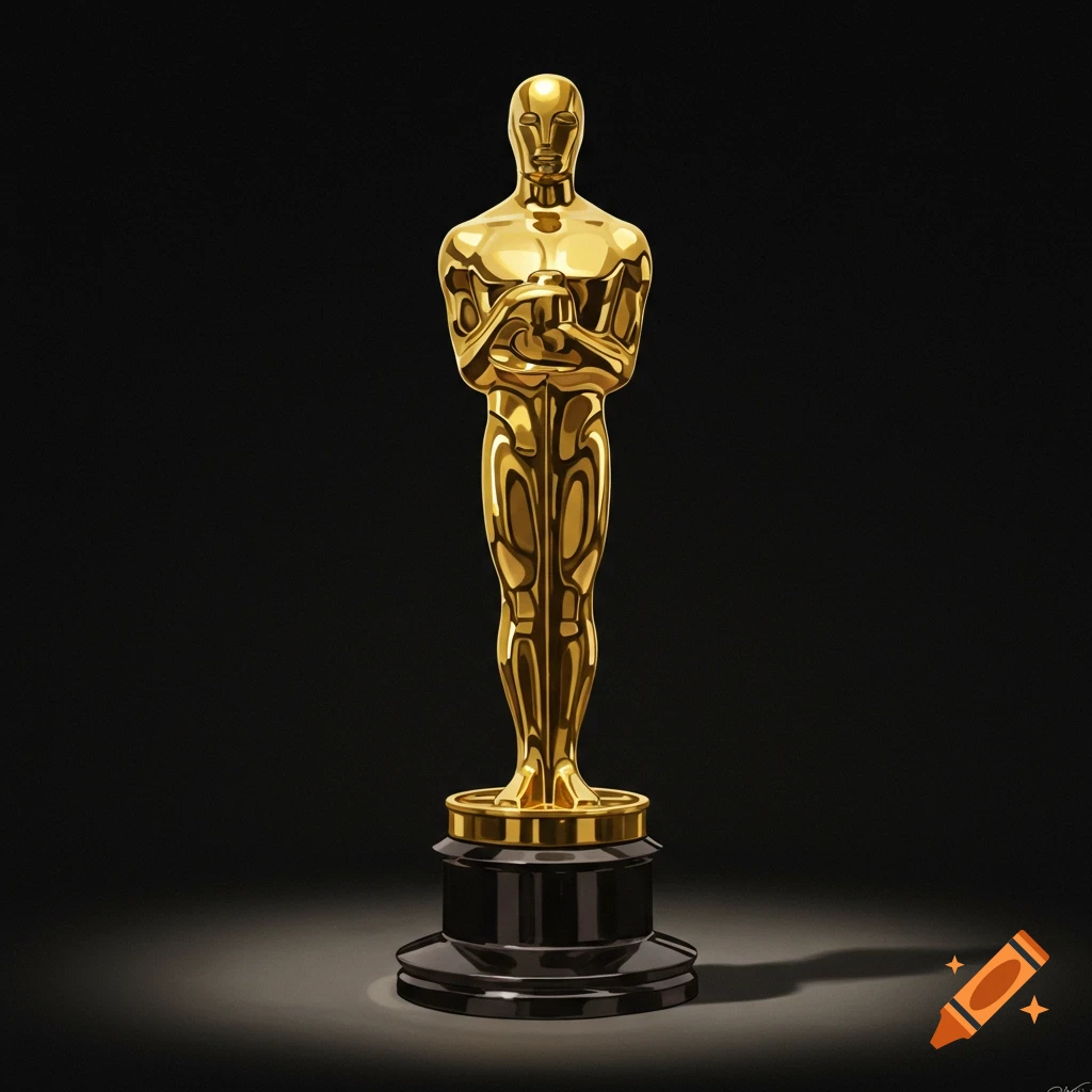 A golden Oscar statue on a black base against a dark background.