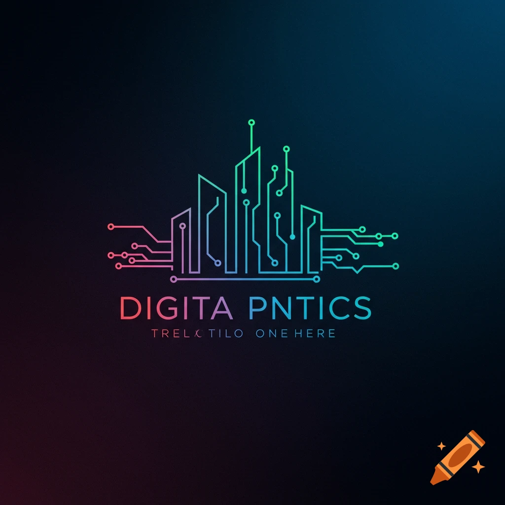 Abstract digital skyline logo with circuit board lines and gradient colors on a dark background, text reads "DIGITA PNTICS".