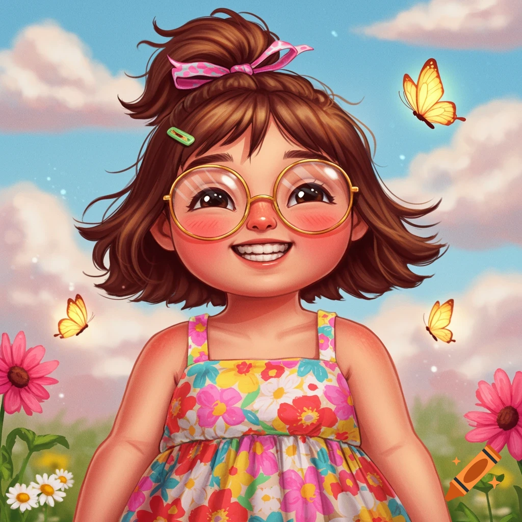 A happy girl with glasses in a floral dress is surrounded by flowers and butterflies.