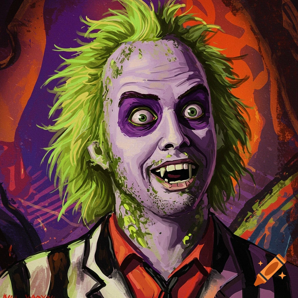 Image of the character Beetlejuice with green hair and striped suit.