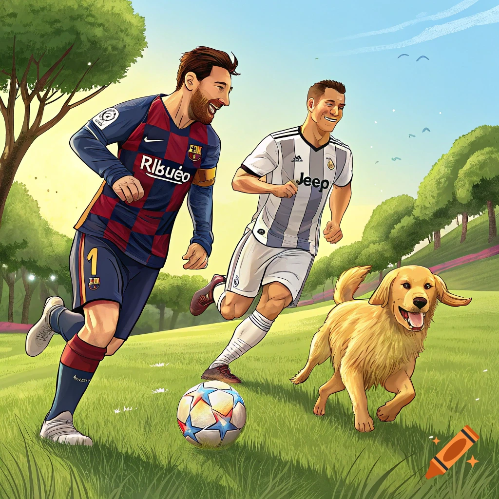 Illustration of two men playing soccer with a dog in a park.