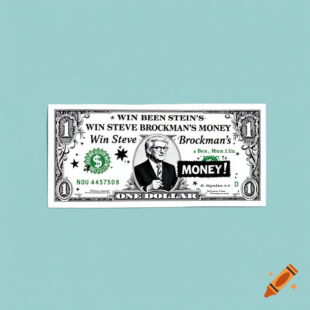 A novelty dollar bill featuring a portrait of a man in glasses and text related to 'Win Steve Brockman's Money'.