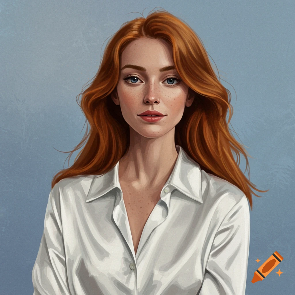 Portrait of a woman with red hair and freckles in a white shirt against a blue background.