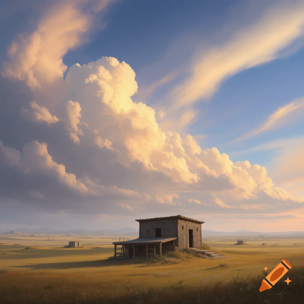 A solitary building stands in a grassy field under a dramatic sky with large clouds.